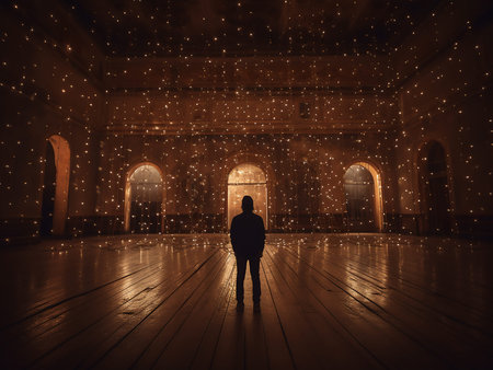 Man looking at the light coming through the arches of the mosque