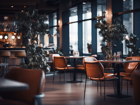 Empty cafe interior with orange chairs and tables. Toned image.の写真素材