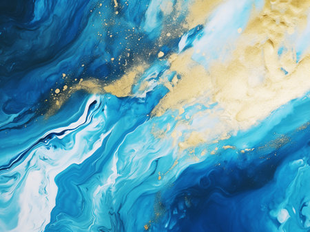 Marble abstract acrylic background. Blue marbling art texture. Agate ripple pattern. gold powder.の写真素材