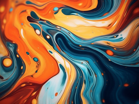 Colorful abstract background of acrylic paint in blue and orange tones.の写真素材