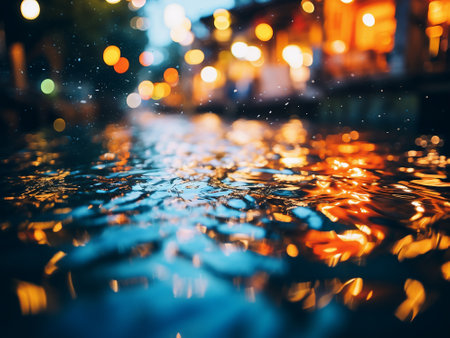 Raindrops on the street. Defocused bokeh background.の写真素材