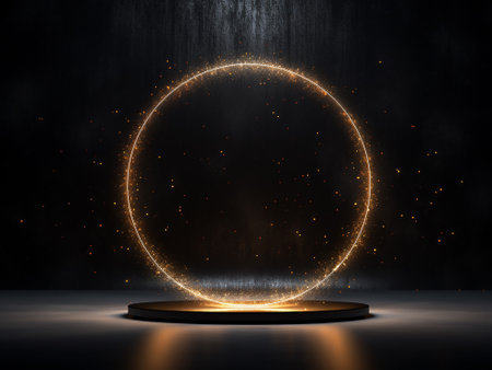 Abstract dark background with golden round podium and spotlights. Vector illustrationの写真素材