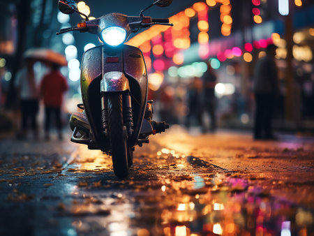 Night city scooter on the road in the rain. Shallow depth of fieldの写真素材