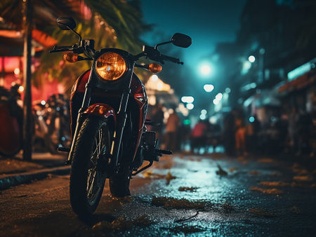 Motorcycle on the street at night in Bangkok, Thailand. Selective focus.の写真素材