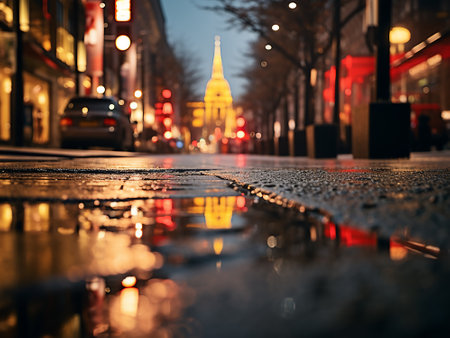 Rainy street in the city at night. Shallow depth of fieldの写真素材