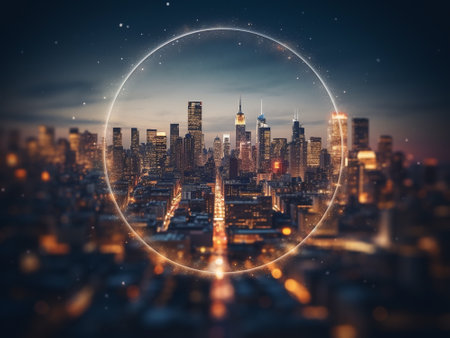 Circle frame on night city background. Futuristic concept. 3D Renderingの写真素材