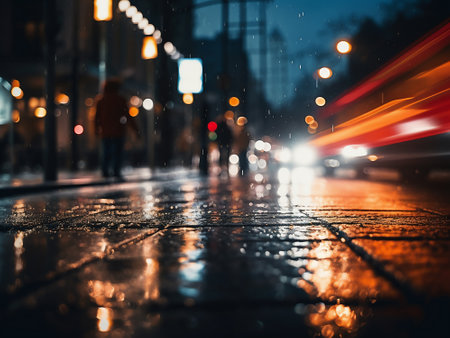 Rain drops on the street at night. Blurred background and foregroundの写真素材