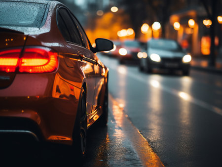 Car on the road in the city at night. Shallow depth of field.の写真素材