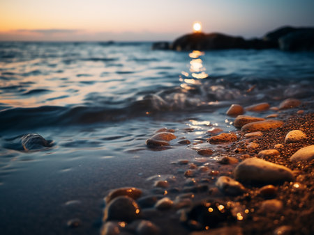 sea waves on the beach at sunset. Shallow depth of fieldの写真素材