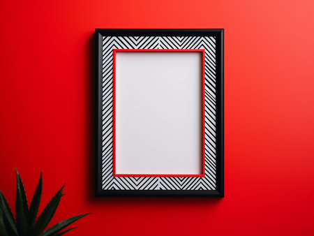 Photo frame mockup on red background. Flat lay, top view.