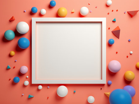 White frame with colorful balloons and confetti on orange background. 3d renderの写真素材