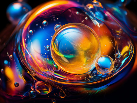 Colorful oil drops on water surface. Abstract background. Close up.