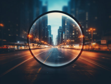 Car driving on the road at night with cityscape in the backgroundの写真素材