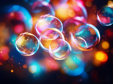 Soap bubbles with colorful bokeh background. 3D renderingの写真素材