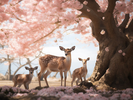 Cherry blossoms and fallow deer in Nara, Japanの写真素材