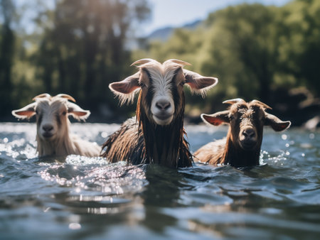 Group of goats swimming in the lake. Selective focus. nature.の写真素材
