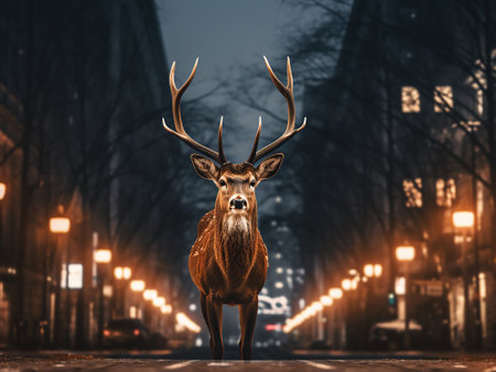 Deer with antlers in the city at night. 3d renderingの写真素材