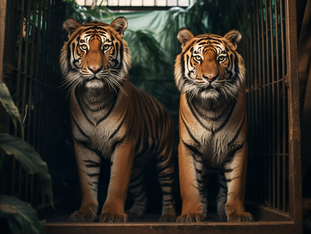 Two tigers in a cage in a zoo. Toned image.