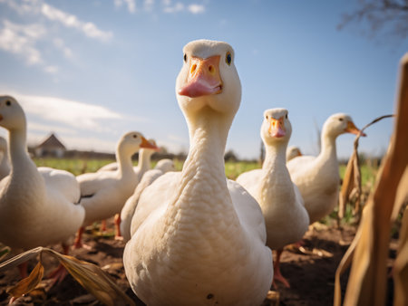 Group of white domestic geese on a farm in the countryside.の写真素材