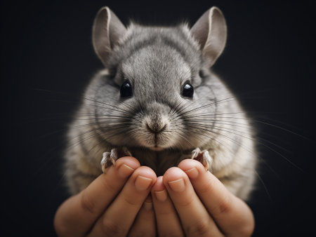 Cute gray chinchilla in human hands on black background.の写真素材