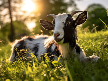 Portrait of a black and white goat lying on the grass.の写真素材