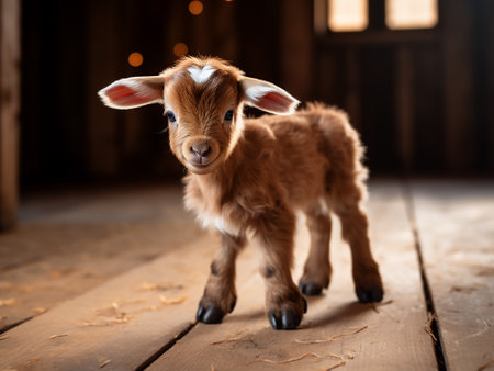 Cute little baby goat standing on wooden floor with bokeh backgroundの写真素材
