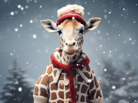 Cute funny giraffe in winter clothes and red scarf. Christmas conceptの写真素材