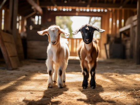 two little goats are standing in the corral on a sunny dayの写真素材