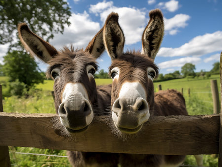 Two donkeys behind a wooden fence in a meadow looking at the camera