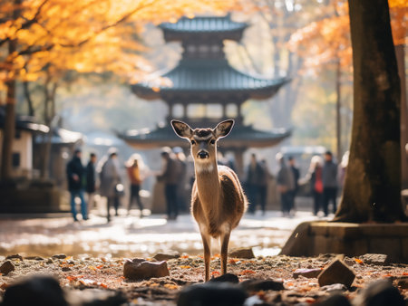 Deer in Nara, Japan during autumn season. Selective focus.の写真素材