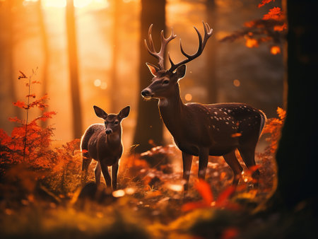 Deer in autumn forest. Fall season. Wildlife scene from nature.の写真素材