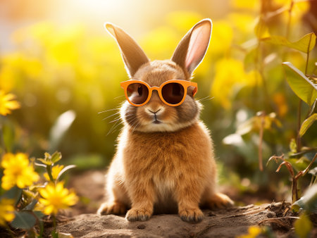 Cute little rabbit in sunglasses sitting on the grass in the sunの写真素材