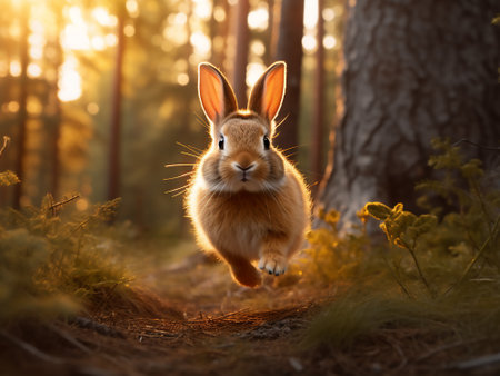 Rabbit running in the forest at sunset. Beautiful spring nature.の写真素材