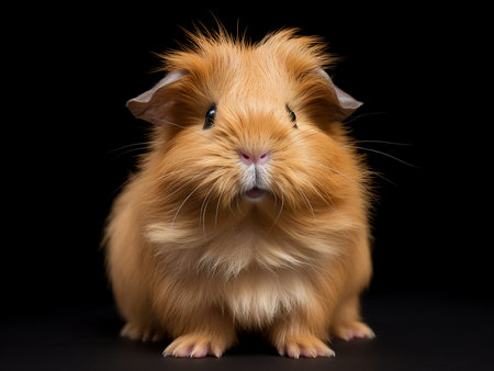 Studio portrait of adorable red guinea pig isolated on black background.