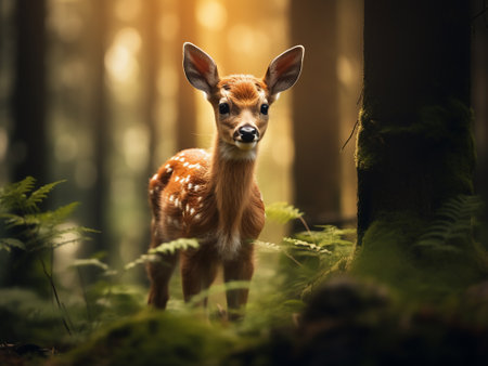 Beautiful fawn in the forest. Wild deer in the forest.の写真素材