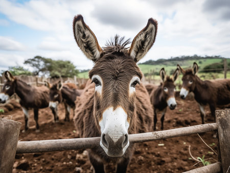 Close up of a donkey in a paddock on a farm.の写真素材
