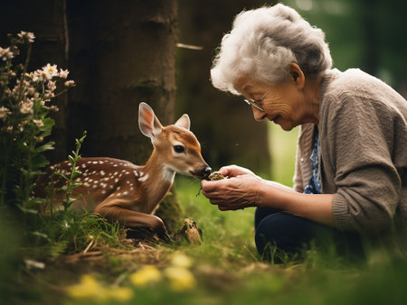 Elderly woman feeding her little fawn in a forest.の写真素材