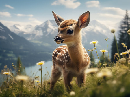 Fawn in a field with dandelions and mountains in the backgroundの写真素材