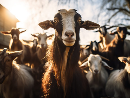 Portrait of a goat with horns on the background of the sun