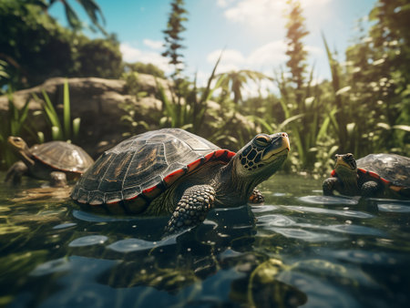 turtle swimming in the water on nature background. turtle in the pondの写真素材
