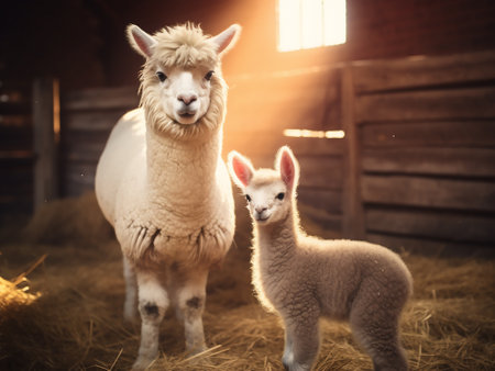 Alpaca baby and its mother in the barn. Selective focus.の写真素材
