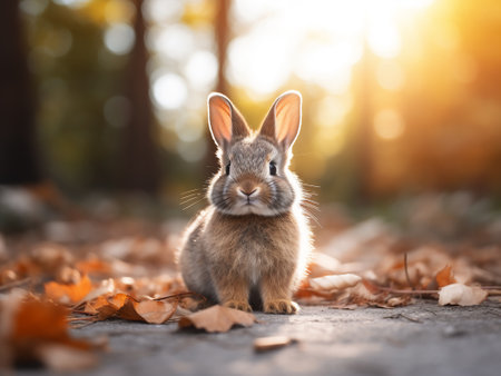 Cute little rabbit in autumn park. Animal on nature background.の写真素材