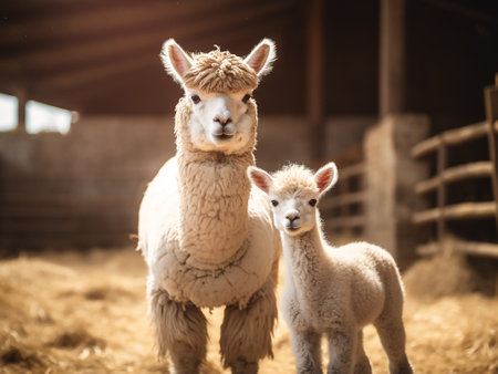 Cute baby alpaca and her mother on a farm.の写真素材