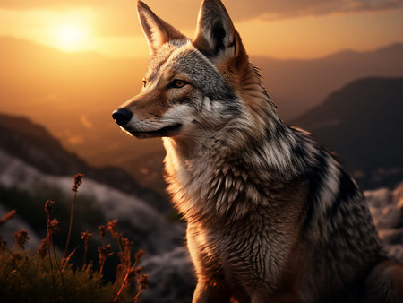 Portrait of a wolf on the background of the mountains at sunsetの写真素材