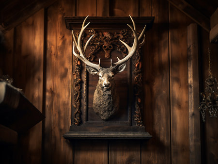 Deer head with antlers hanging on the wall of an old wooden houseの写真素材