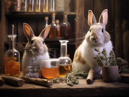 Rabbits and honey in a laboratory. Easter still life.の写真素材