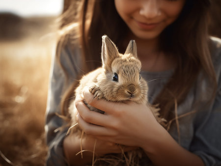 Close up of cute little rabbit in the hands of a young woman