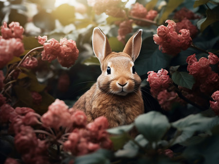 Cute red rabbit sitting on a branch of flowers. Easter concept