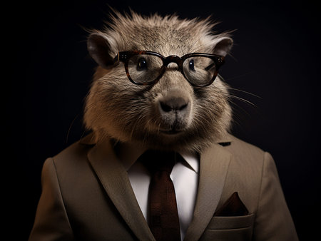 Portrait of a bearded rat wearing a suit and glasses on a black background.