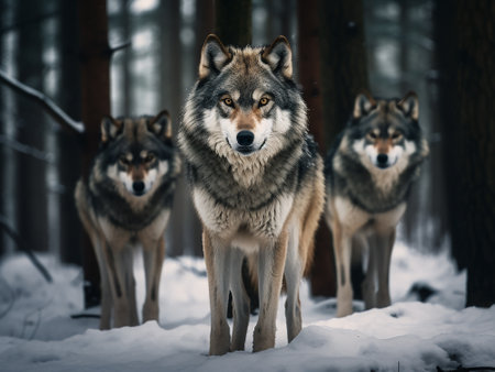 Three wolves in the winter forest. Canis lupus.の写真素材